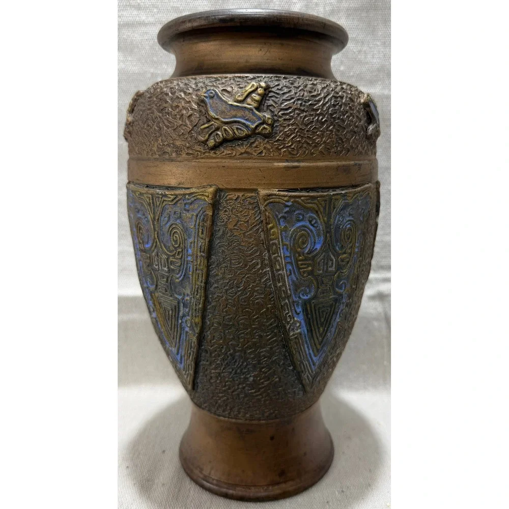 Vintage Japanese Bronze Relief Vase Archaic Taotie Bird Motif Blue Enamel 10.5in